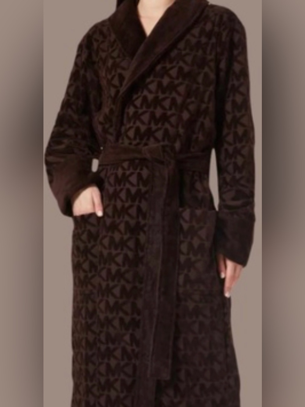 Michael Kors Signature Logo Plush Robe Chocolate Brown Unisex S/M